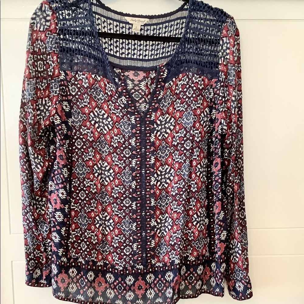 LUCKY BRAND Boho Print Top Blouse with lace insert at shoulders